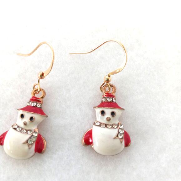 Snowman Scarf Christmas Gold tone Dangle Pierced Earrings New White Red - Picture 1 of 3